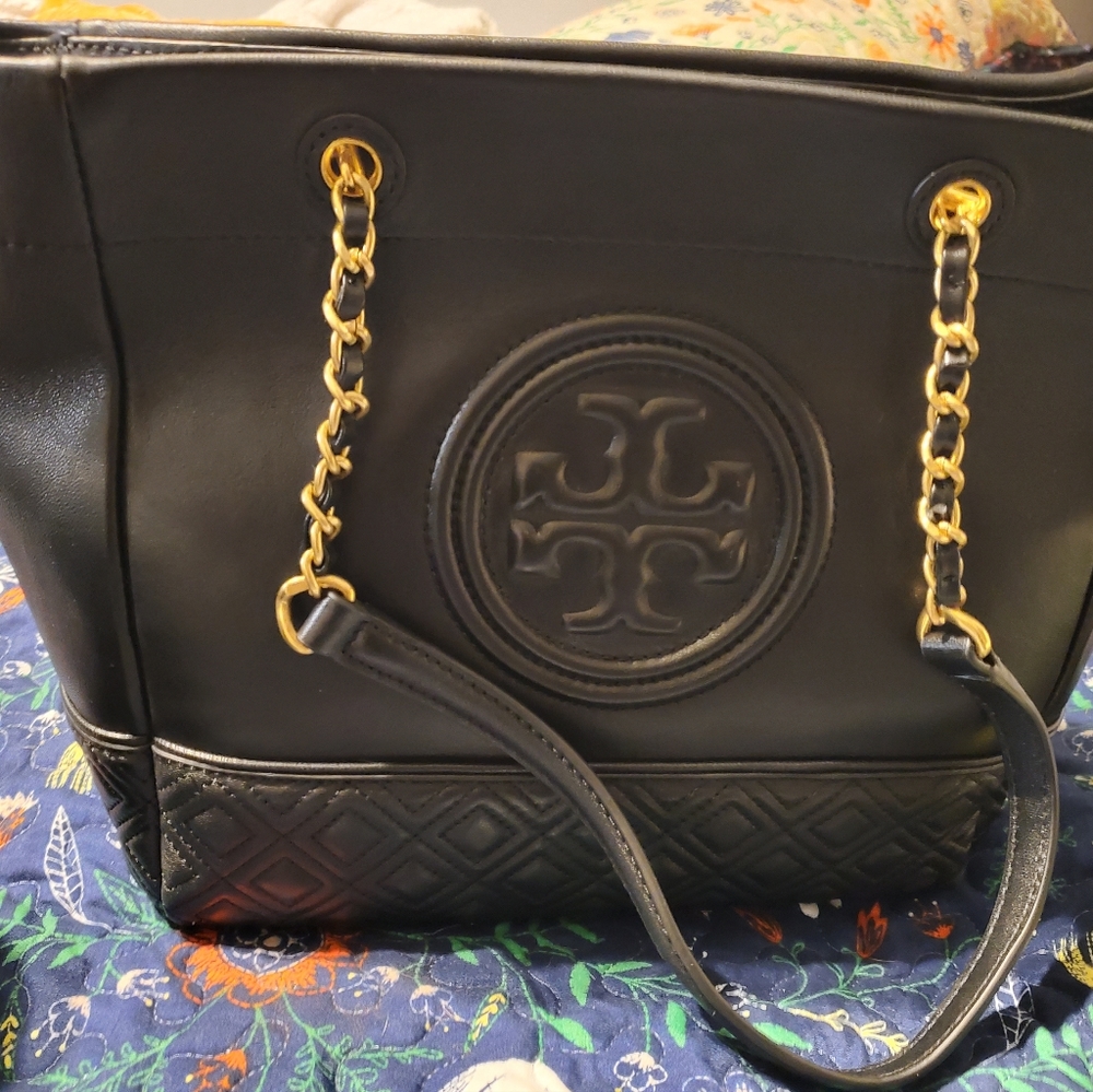 Tori Burch Black Lambskin Fleming Tote with Gold Chain